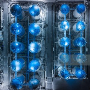 Storage tank of liquid chemical and petrochemical product tank, Aerial view at night.