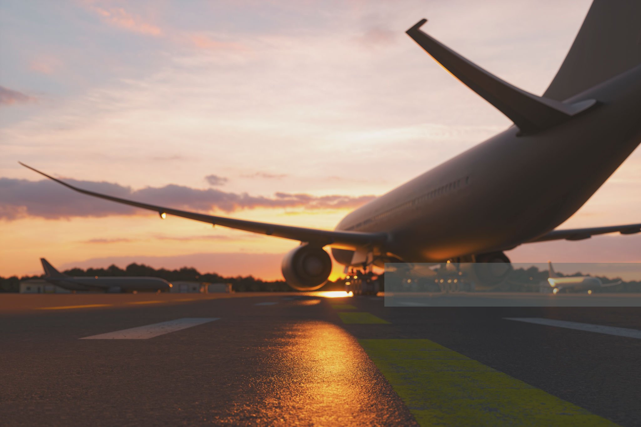 Empty airport at sunset, 3D generated image, generic location.