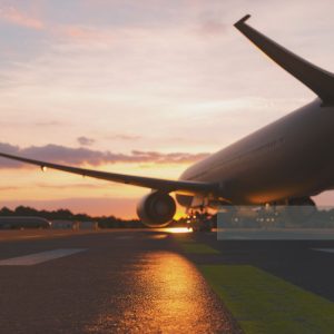 Empty airport at sunset, 3D generated image, generic location.